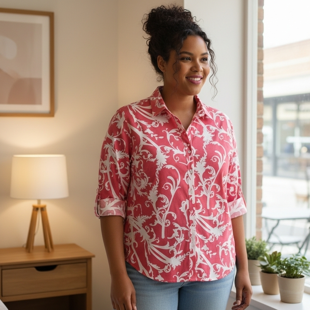 NWOT Westbound Cotton Wrinkle free fuschia & white printed button down top